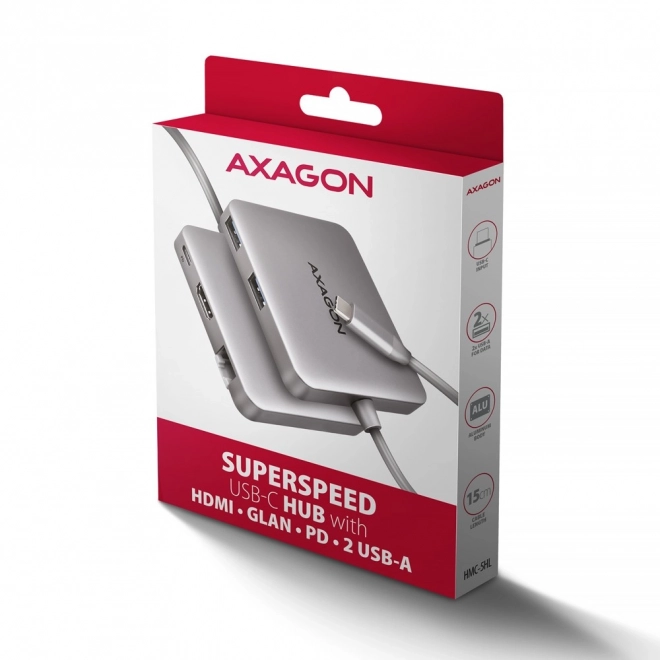 HMC-5HL Víceportový rozbočovač 2x USB-A, 4K HDMI, GLAN, USB 3.2 Gen 1, PD 100W, 15cm kabel USB-C