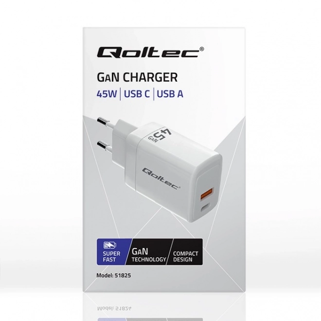 45W GaN | 5-20V | 1,5-3A | 1xUSB-C PD | 1xUSB QC 3.0 | Bílý