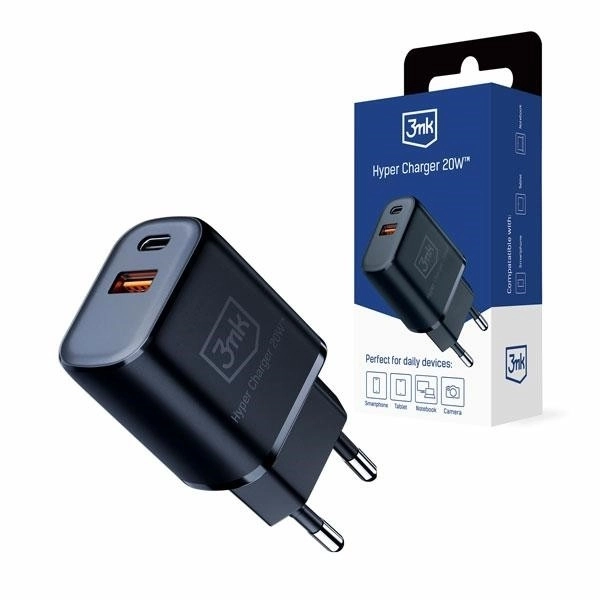 Nabíječka 20W 1xUSB-C +USB-A PD QC bez kabelu Černá