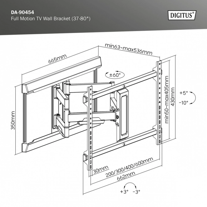 Nástěnný držák pro TV 37-80" max. zatížení 60 kg, VESA max. 600x400 s vertikálním a horizontálním nastavením