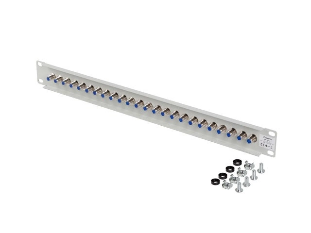 Šedý patch panel s 24 porty typ F