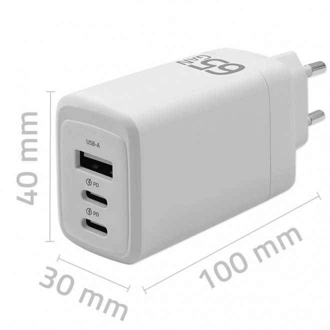Napájecí nabíječka 65W GaN | 5-20V | 3-3,35A | 2xUSB-C PD | 1xUSBQC 3.0 | Bílá