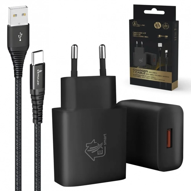 Extralink Smart Life kabel USB Type-A na Type-C 200 cm s nabíječkou 12W černá