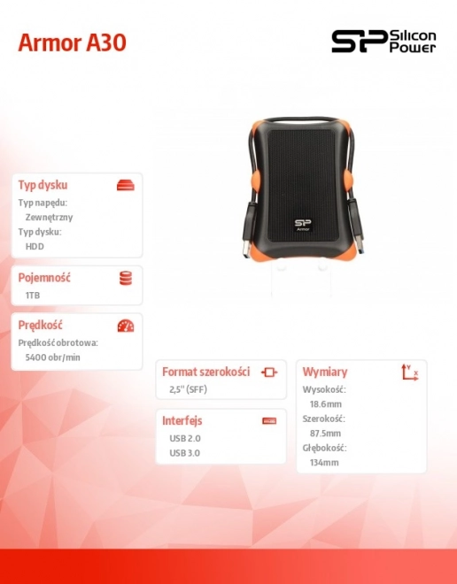 ARMOR A30 1TB USB 3.0 BLACK-ORANGE / PANCER / Nárazuvzdorný
