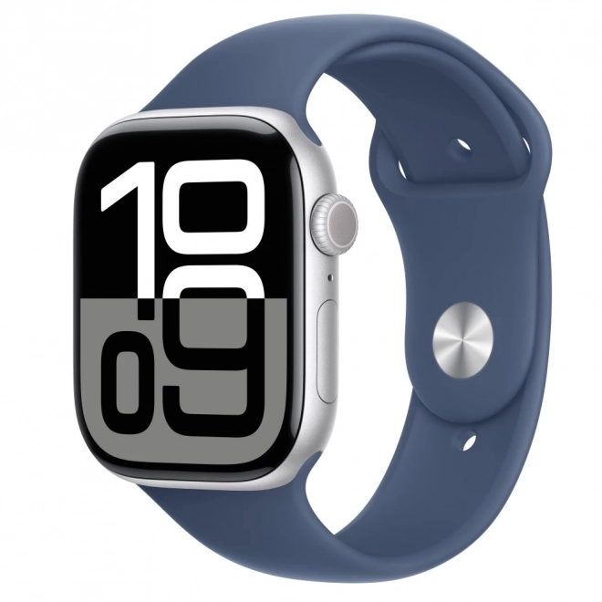 Hodinky Series 10 GPS, 46 mm, stříbrný hliníkový kryt se sportovním řemínkem v barvě džínoviny - velikost S/M