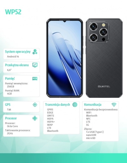 Chytrý telefon WP52 5G 256 GB v černé barvě