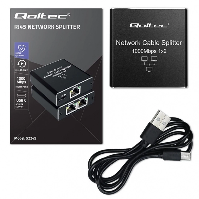 Splitter mini SWITCH 1x2 porty RJ45 | 1000Mbps | USB-C| Hliník
