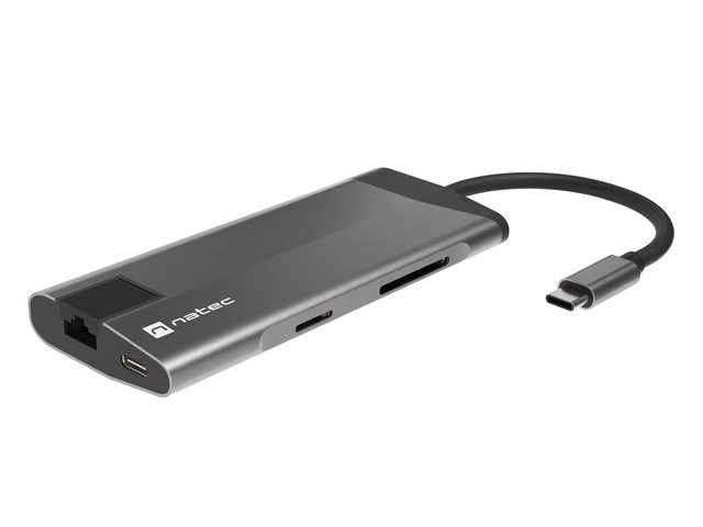 Rozbočovač USB‑C NATEC Fowler Plus 8 v 1, 3× USB 3.0, HDMI 4K, RJ‑45, SD/microSD, PD 100 W