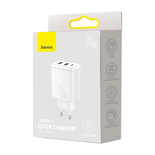 Baseus Compact Quick Charger, 2xUSB, USB-C, PD, 3A, 30W (bílá)