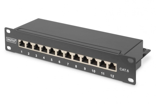 Patch panel 10" 12 portů, cat.6, S/FTP, 1U, držák kabelů, černý (kompletní)