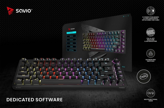 Bezdrátová mechanická klávesnice Savio PHENIX s Gateron Red Pro spínači