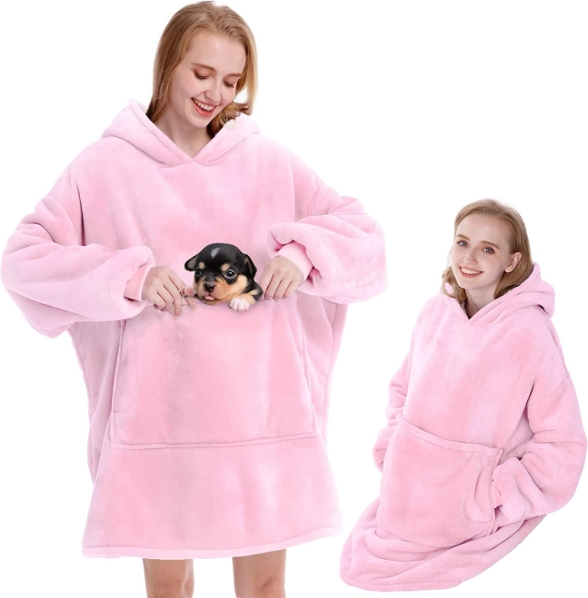 Zateplená oversize mikina–deka z tlustého fleecu, světle růžová