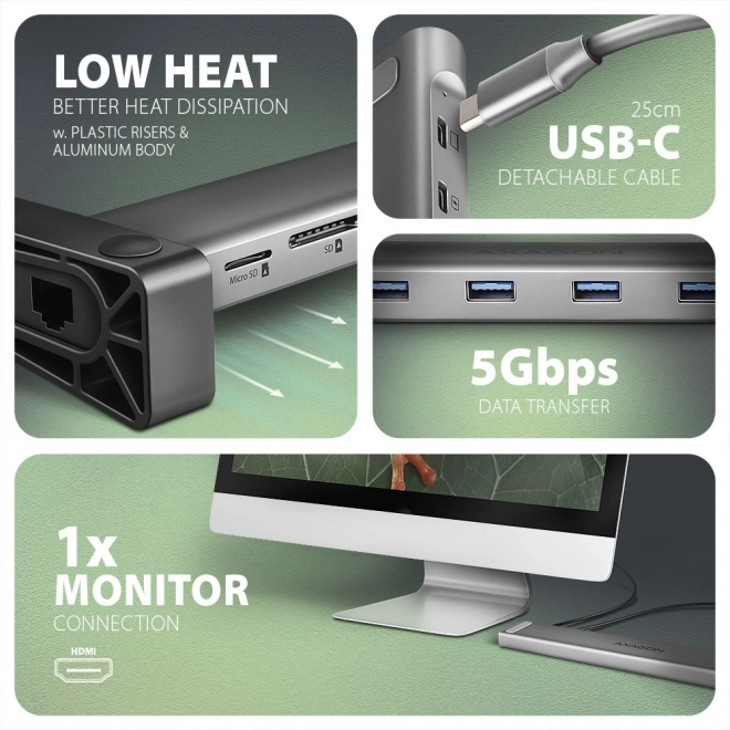 HMC-10HLS Víceportový rozbočovač USB 5Gb/s 4x USB-A, HDMI 4K/60Hz, RJ-45, SD/microSD, PD 100W, 25cm kabel USB-C