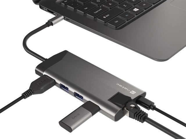 Rozbočovač USB‑C NATEC Fowler Plus 8 v 1, 3× USB 3.0, HDMI 4K, RJ‑45, SD/microSD, PD 100 W