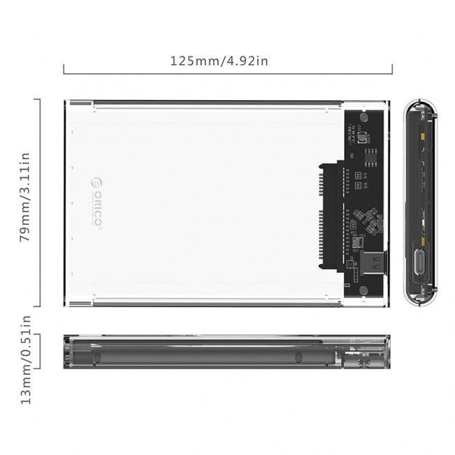 Skříň pevného disku Orico HDD 2,5" + kabely USB 3.1 (10Gb/s), USB-C (5Gb/s)
