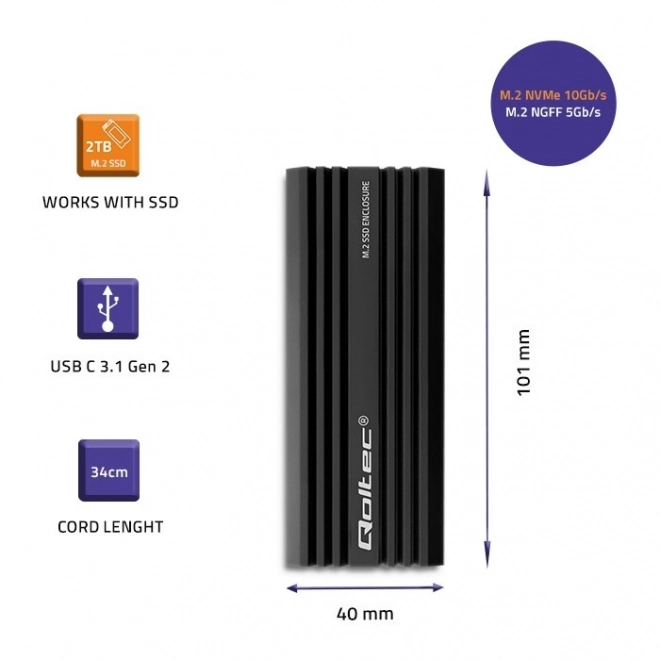 Qoltec obal na M.2 SSD NVMe a SATA s USB-C připojením, 2TB kapacita
