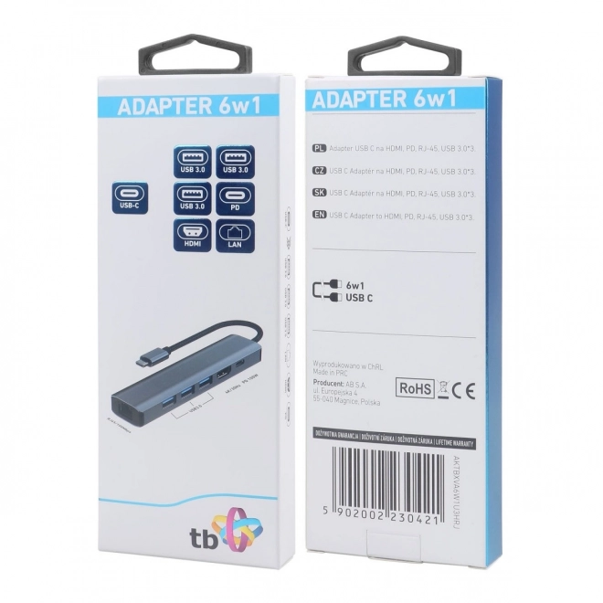 Adaptér HUB USB C 6v1 - HDMI, USBx3, PD, RJ-45