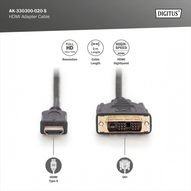 Adaptační kabel HDMI Standard 1080p 60Hz FHD Typ HDMI A/DVI-D (18+1) M/M černý 2m