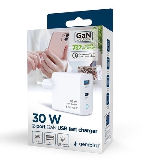 USB-A/C GaN LED 30W PD QC3.0 nabíječka bílá