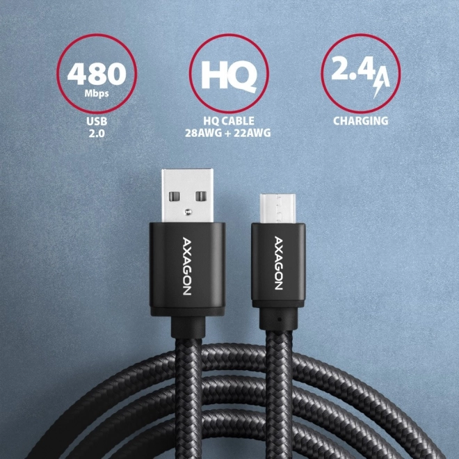 BUMM-AM20AB MicroUSB - USB A kabel, 2m, USB 2.0, 2.4A, ALU, opletený, černý