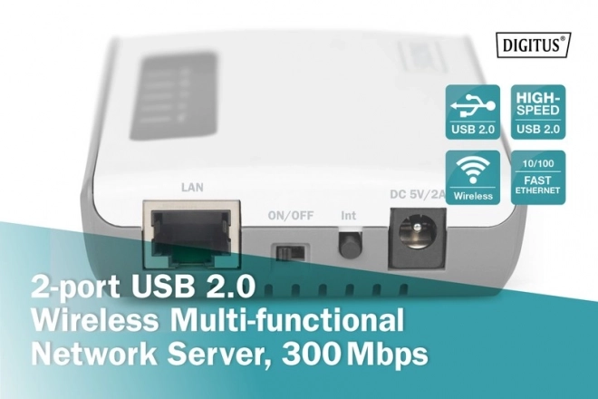Multifunkční síťový server, bezdrátový, 2 porty, USB 2.0, 300 Mb/s