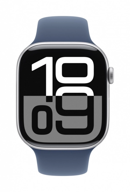 Hodinky Series 10 GPS, 46 mm, stříbrný hliníkový kryt se sportovním řemínkem v barvě džínoviny - velikost S/M