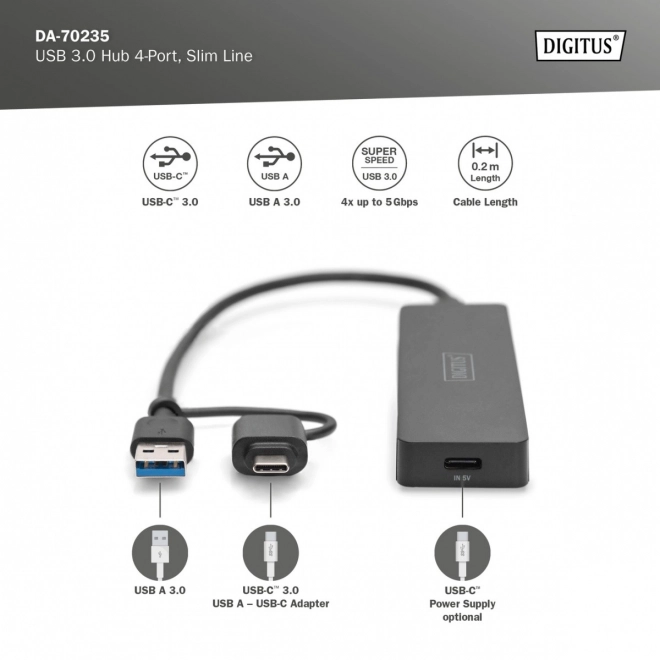 Hub USB 4 porty SlimLine s adaptérem USB-C
