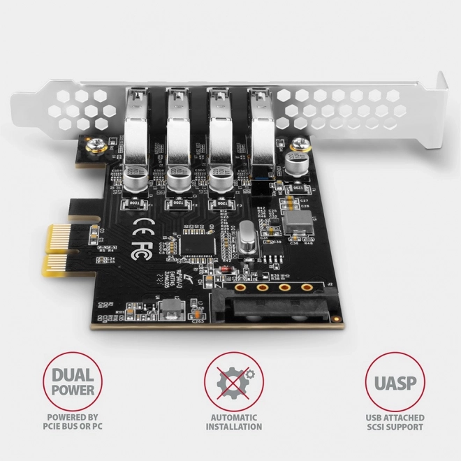 PCEU-43RS řadič PCIe 4x port USB 3.2 GEN 1, UASP, čipová sada Renesas, 15pinový napájecí zdroj SATA