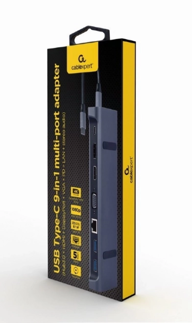 Adaptér USB-C 9v1, HDMI, USB-C PD, VGA, DP, USBx3, Audio, LAN