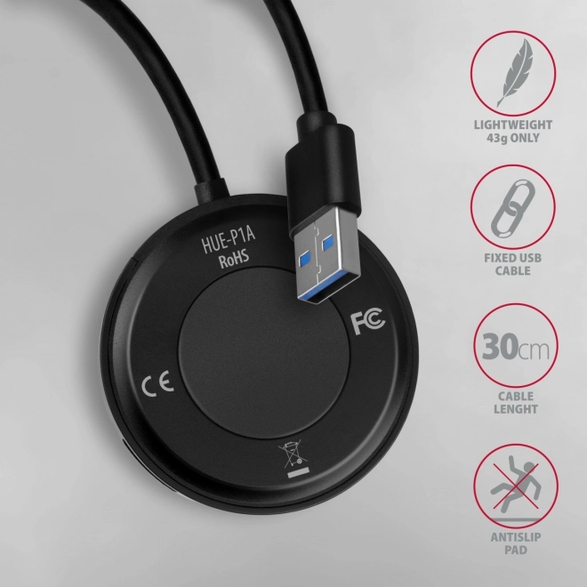HUE-P1A Rozbočovač se 4 porty USB 3.2 Gen 1, 30cm kabel USB-A, přídavné napájení microUSB