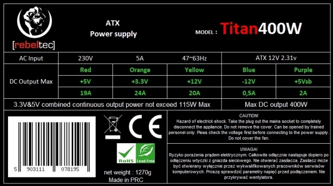 Univerzální počítačový zdroj ATX ver. 2.31 TITAN 400