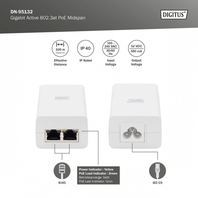 Napájecí zdroj/adaptér PoE+ 802.3at, max. 52V 30W Gigabit 10/100/1000 Mb/s, aktivní, bílý