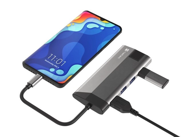 Rozbočovač USB‑C NATEC Fowler Plus 8 v 1, 3× USB 3.0, HDMI 4K, RJ‑45, SD/microSD, PD 100 W