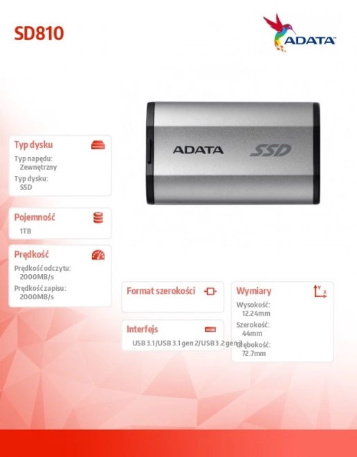 Externí SSD disk ADATA SD810 1TB USB 3.2C 20Gb/s stříbrný