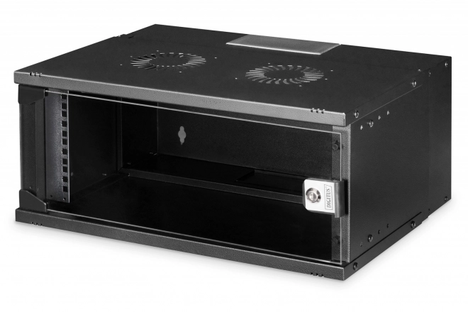 19" síťová skříň 4U pro montáž na stěnu, SOHO PRO 240 x 540 x 400 mm, nosnost 60 kg, prosklené dveře, nesmontovaná, černá