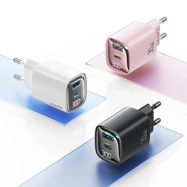 30W GaN LED USB+USB-C síťová nabíječka CC229 Rychlé nabíjení bílá