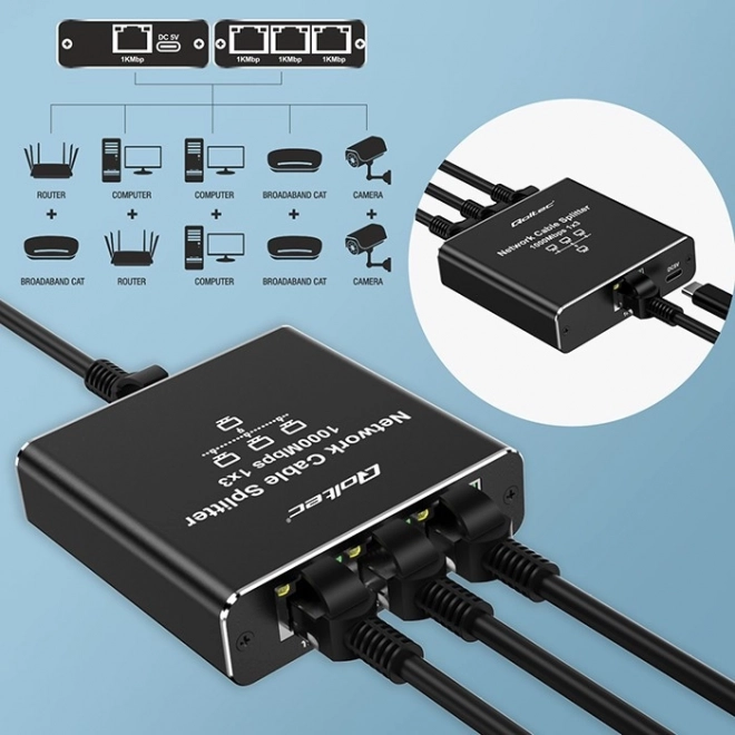 Ethernet rozdělovač mini switch 1x3 RJ45 1000Mb/s USB-C hliníkový