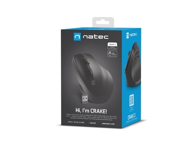 Bezdrátová vertikální myš Crake 2 2400 DPI Bluetooth 5.2 + 2,4 GHz černá