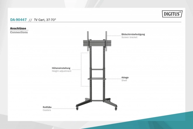 Jednoduchý mobilní stojan s policí 1xLCD max. 70" max. 50kg, VESA max. 600x400