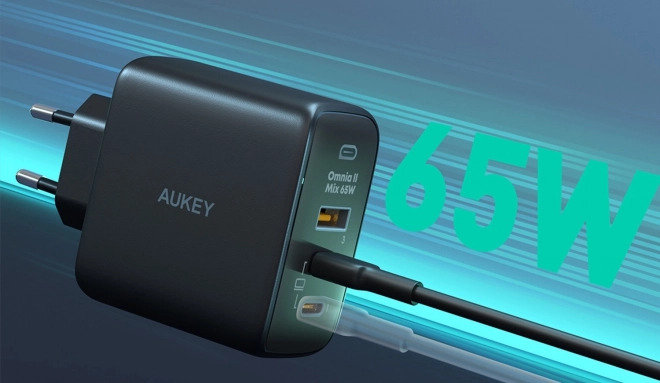 Aukey Omnia II černá GaN nabíječka 65W 3xUSB-C/A