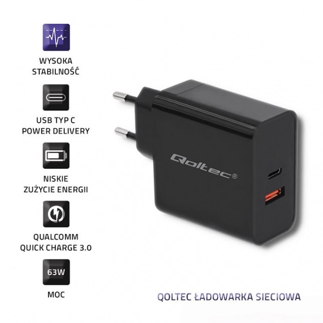 Nabíječka | 63W | 5-20V | 1,5-3A | USB typ C PD | USB QC 3.0 | Černá