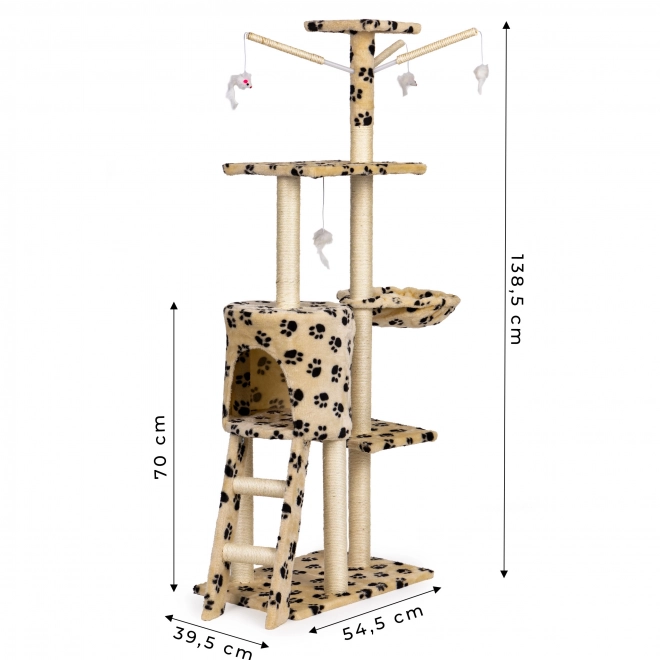 Škrabadlo pro kočky, domeček, strom, pelíšek, 138cm xl, Potisky tlapek