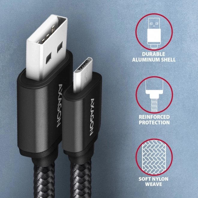 BUMM-AM20AB MicroUSB - USB A kabel, 2m, USB 2.0, 2.4A, ALU, opletený, černý