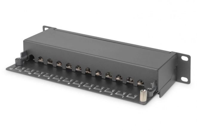 Patch panel 10" 12 portů, cat.6, S/FTP, 1U, držák kabelů, černý (kompletní)