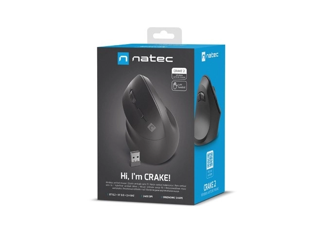 Crake 2 2400 DPI Bluetooth 5.2 + 2,4GHz bezdrátová myš pro leváky Černá
