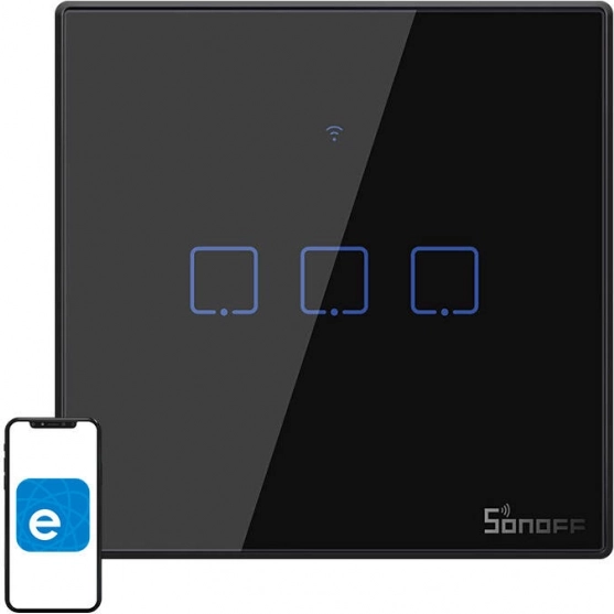 chytrý nástěnný dotykový vypínač SONOFF T3 TX, wifi a rf 433, 3 kanály – černý