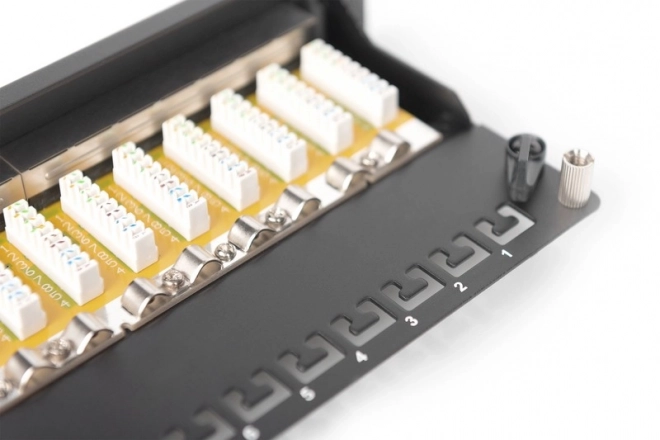 Patch panel 10" 12 portů, cat.6, S/FTP, 1U, držák kabelů, černý (kompletní)