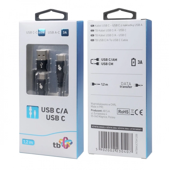 Kabel 2 v 1: USB C - USB C s krytkou USB A, 1,2 m