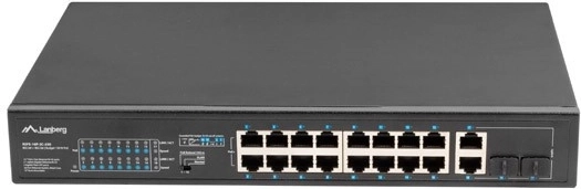 neřízený poe+ switch 16× fast ethernet s 2× combo gigabit uplink, 250 w, rack 19″ lanberg