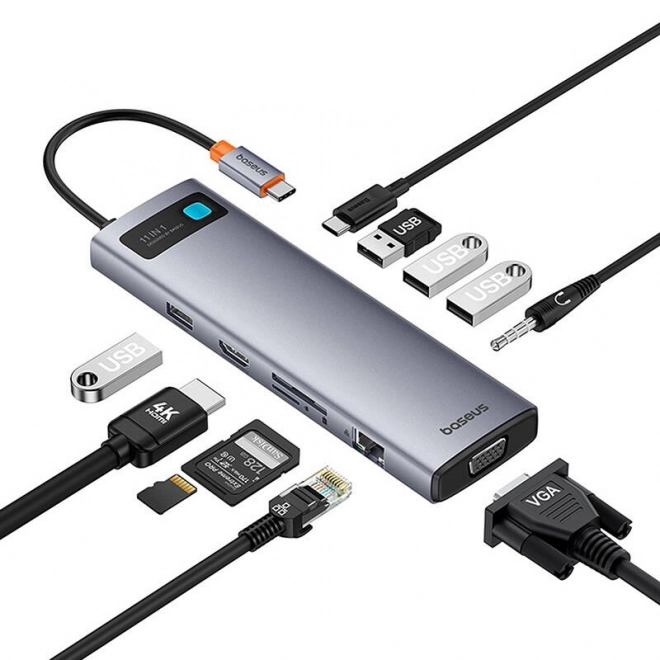 Rozbočovač 11v1 Baseus StarJoy Metal Glam Series, USB-C na HDMI +VGA + 3 x USB 3.0 + USB 2.0+USB-C PD + RJ45 + SD/TF +3,5 mm